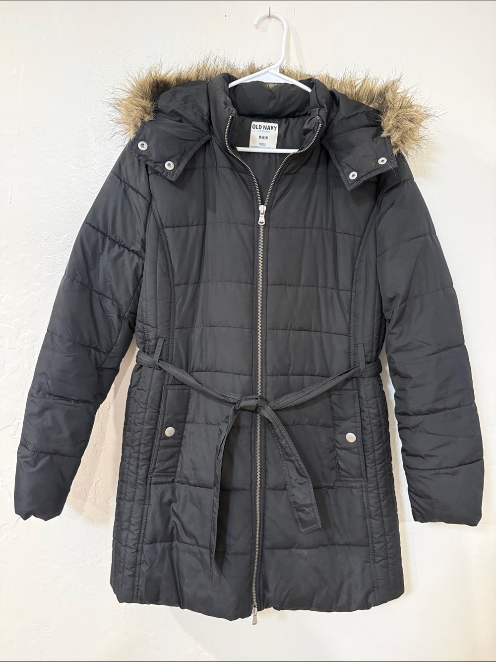 EUC - Old Navy Black Quilted Hooded Puffer Coat with Faux Fur Trim